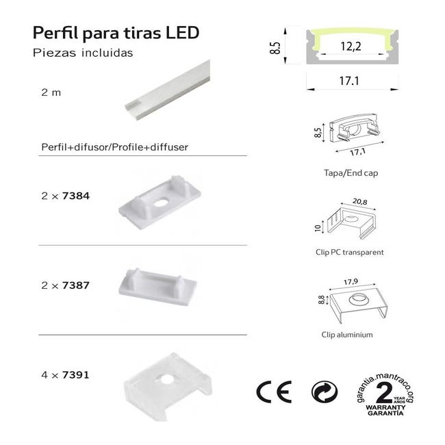 Perfil para tiras LED negro 2 metros x 17,1 mm 15,3 mm