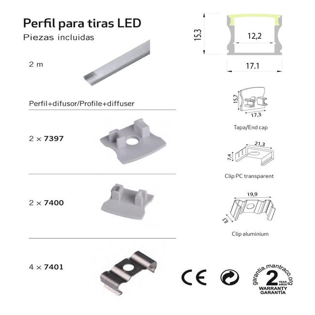 Perfil de aluminio empotrable para tiras LED. 2 metros - Acabado a elegir  (blanco) : : Iluminación