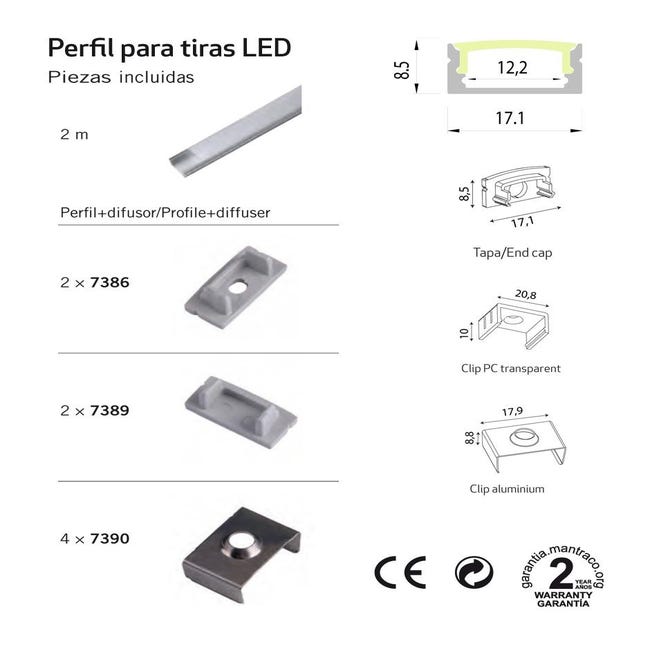 Perfil LED de superficie de 17 mm x 7,8 mm