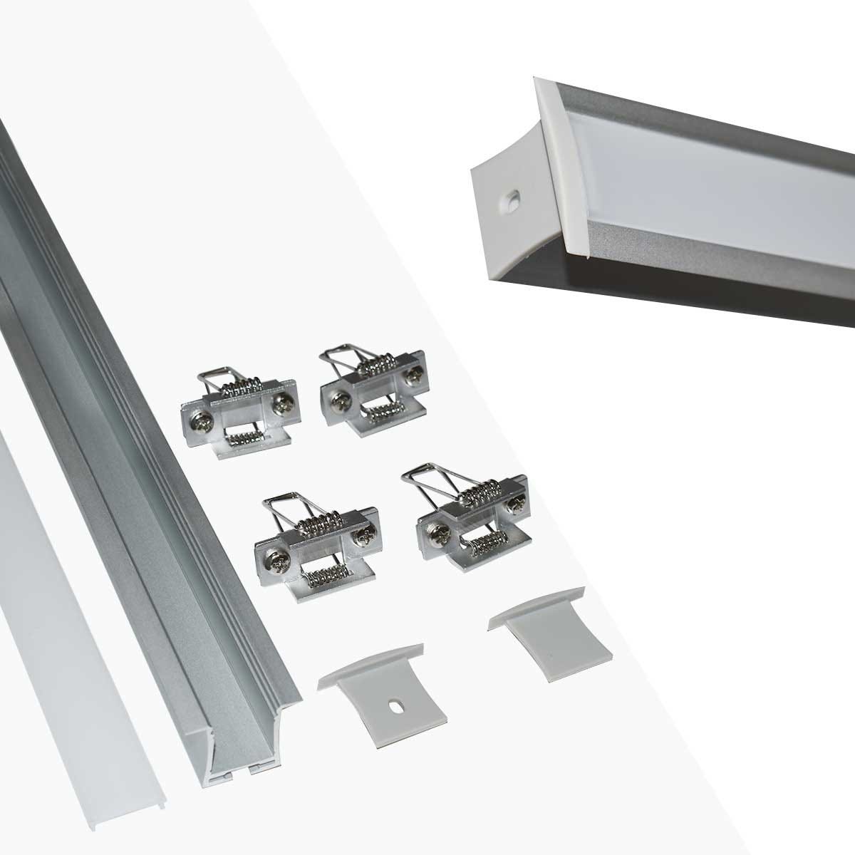Perfil de aluminio empotrable para tira LED con difusor- 4 clips - 2 tapas  - 36x28mm - 2 metros