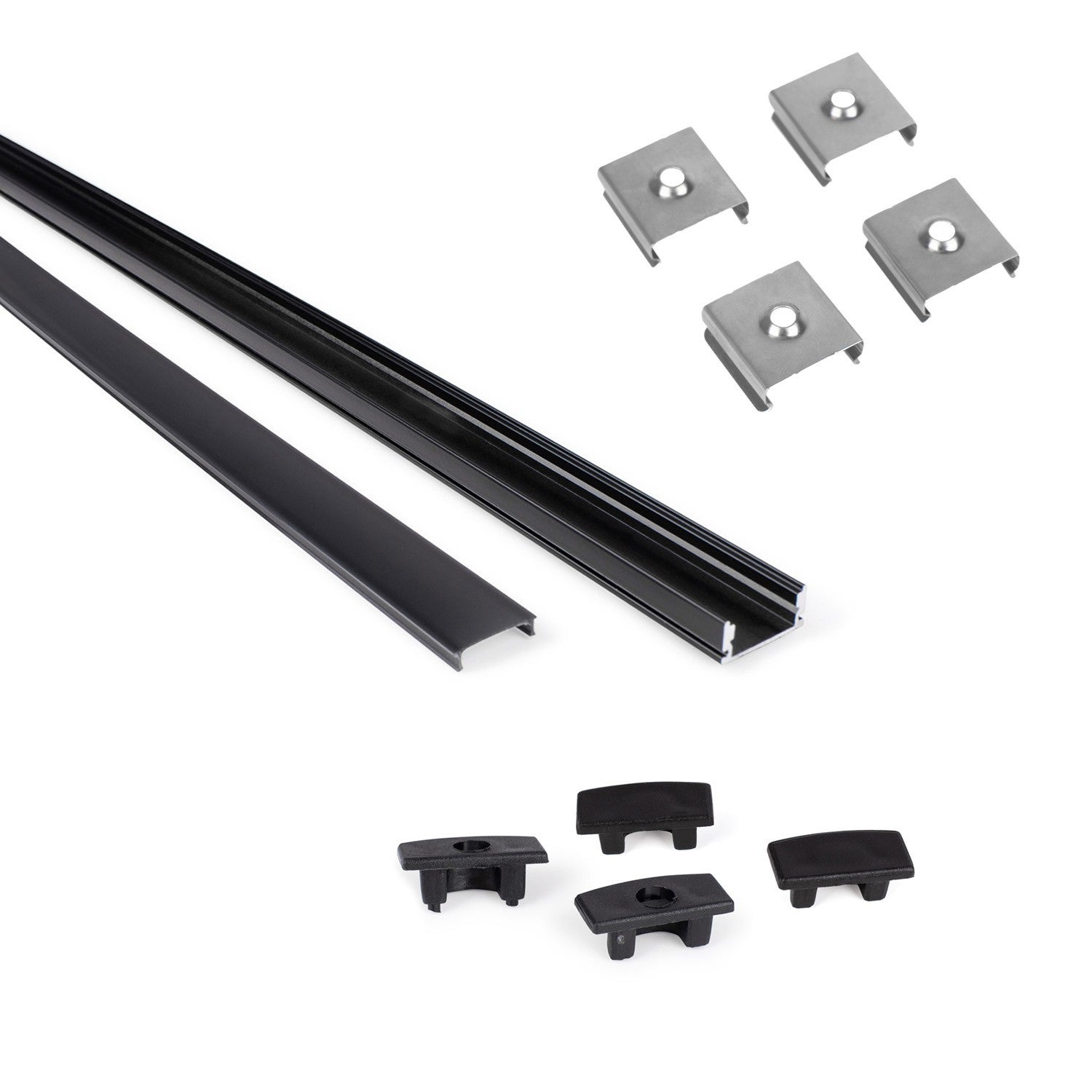 Perfil de aluminio de superficie con difusor, 4 tapas y 4 grapas - Tira LED  hasta 12 mm - 2 metros - Negro