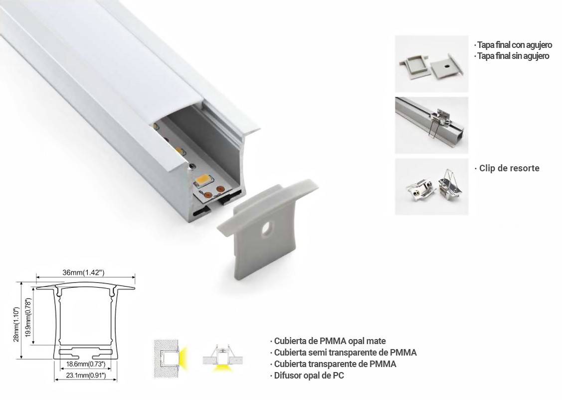 Silver Electronics Perfil Empotrable de Aluminio 2 metros con Difusor Opal  para Tira LED