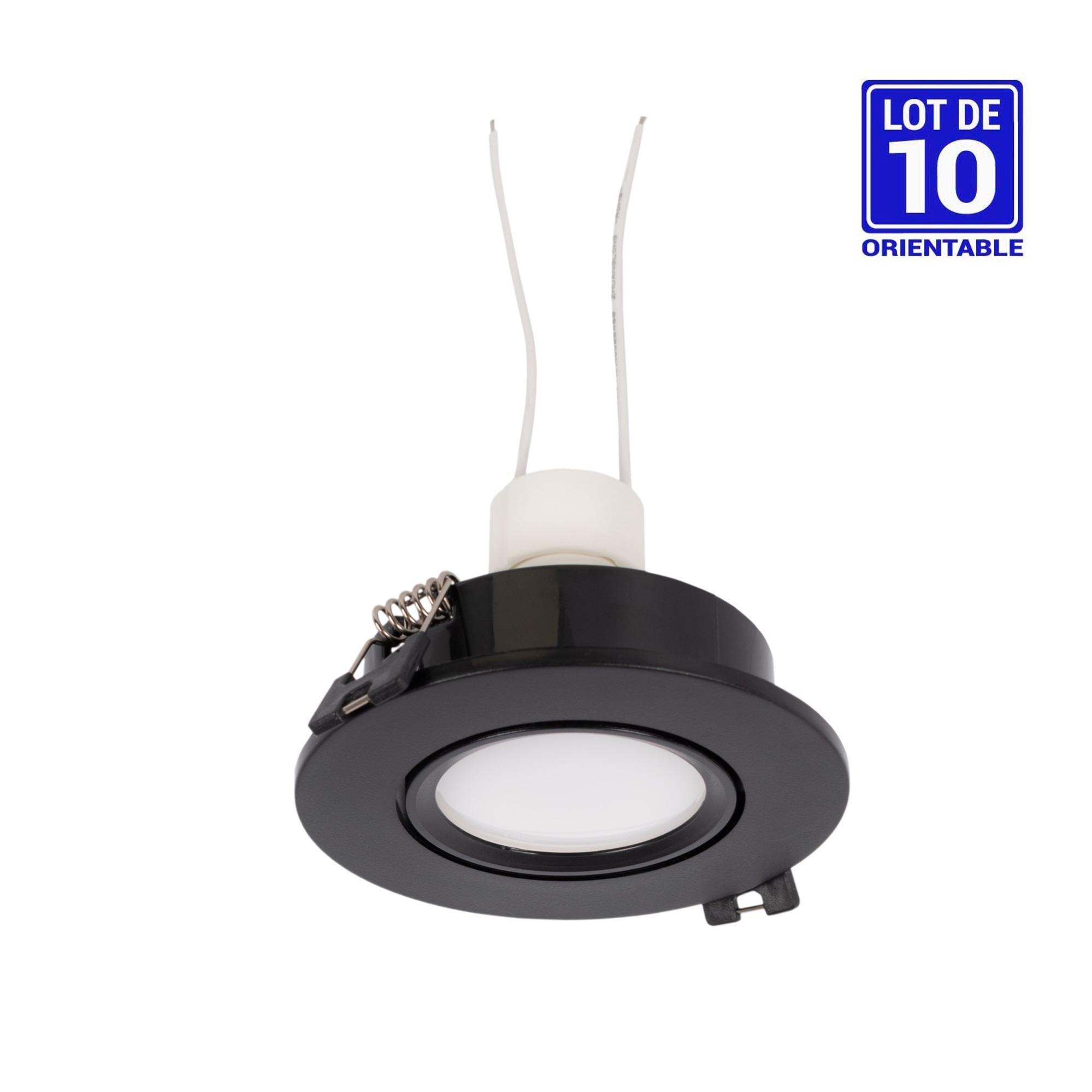 KIT x 10 Collerette downlight orientable noire Ø90mm + Ampoule GU10 5W + Douille GU10 Blanc