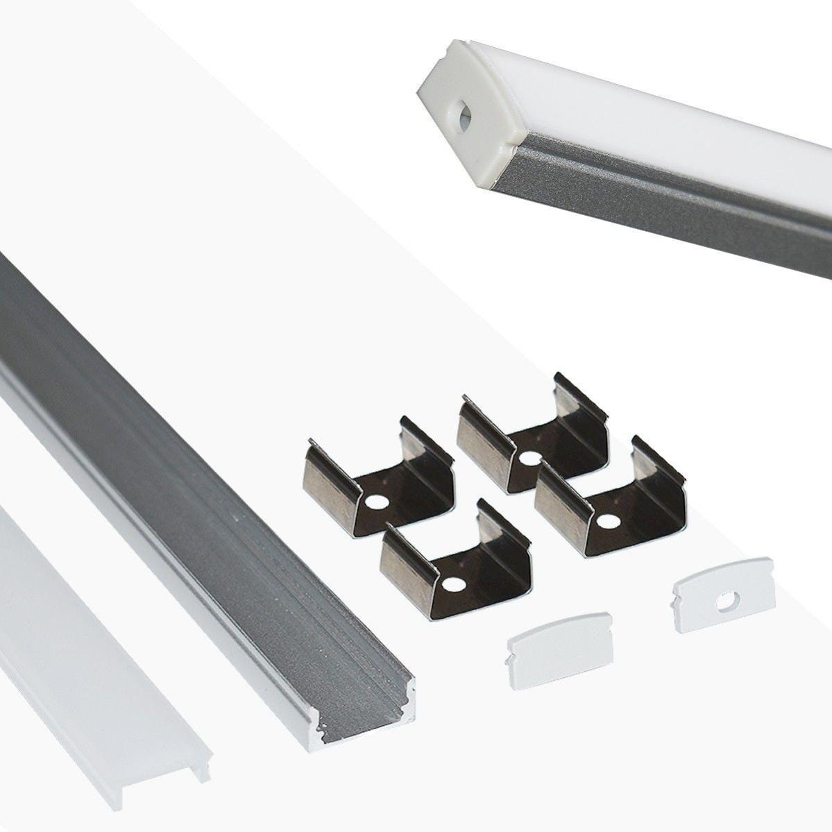 Perfil de aluminio de superficie para tira LED con difusor - 4 grapas - 2  tapas - 17x8mm - 2 metros - Plata