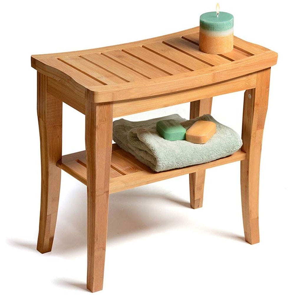 Sgabello da bagno in bamboo laccato con seduta ergonomica naturale