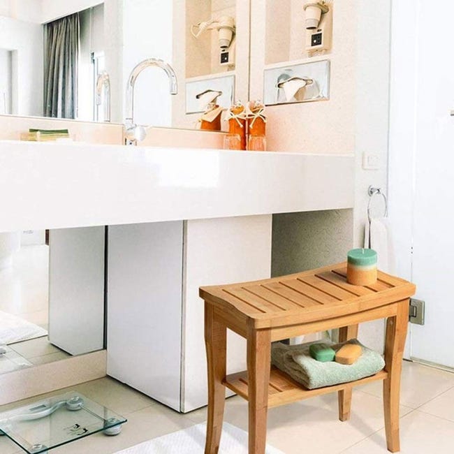 Sgabello Poggiapiedi In Bambù VaeFae - Con Ripiano Portaoggetti, Antiscivolo | Per Bagno, Casa, Giardino - Foto 7