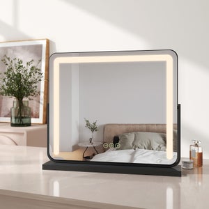 EMKE Hollywood miroir de courtoisie avec lumière, 60x51.6cm rectangulaire  blanc, miroir de coiffeuse pivotant à 360°, avec 3 lumières dimmables