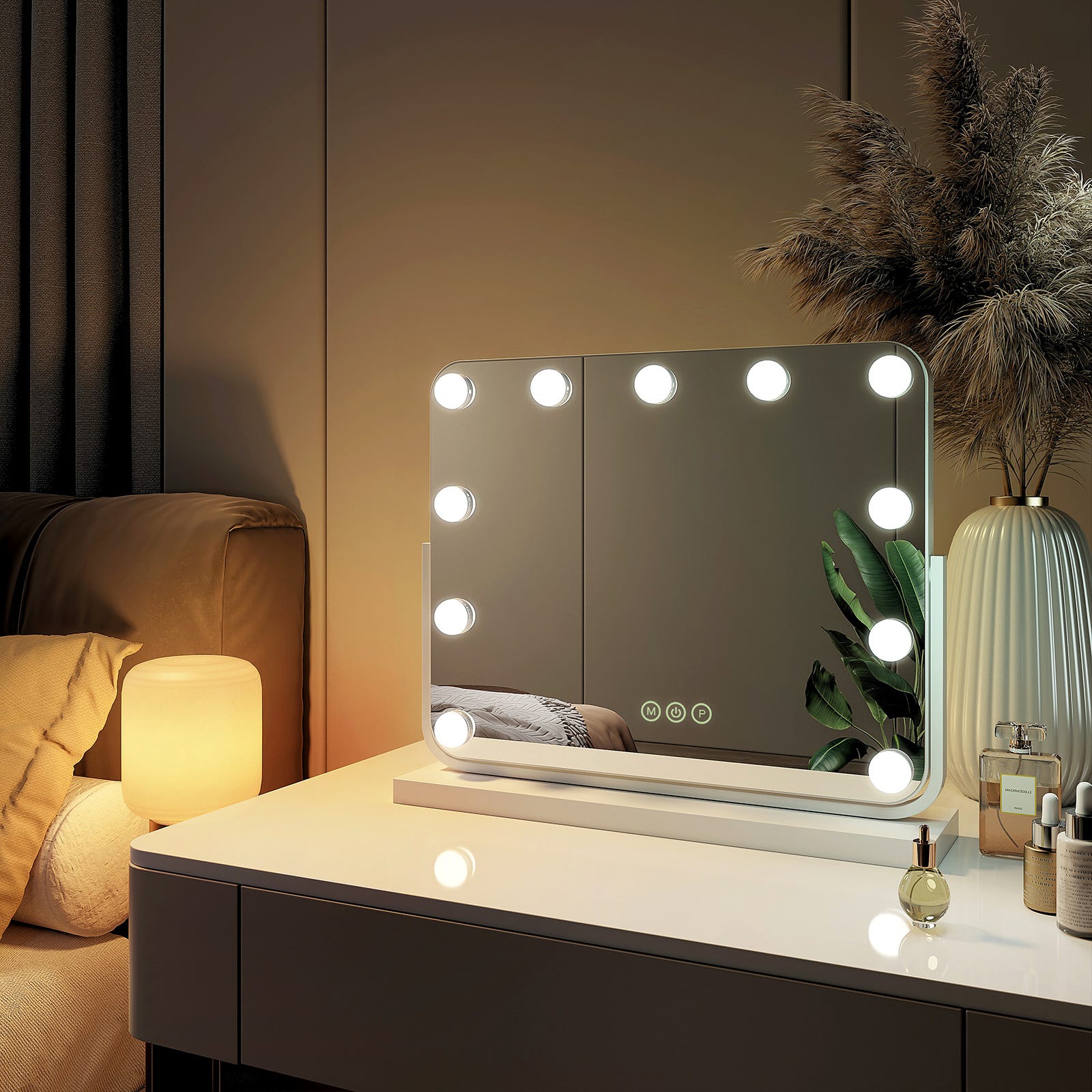 EMKE Hollywood miroir de courtoisie avec lumière, 50x41.6cm rectangulaire  noir, miroir de coiffeuse pivotant à 360°, avec 3 lumières dimmables