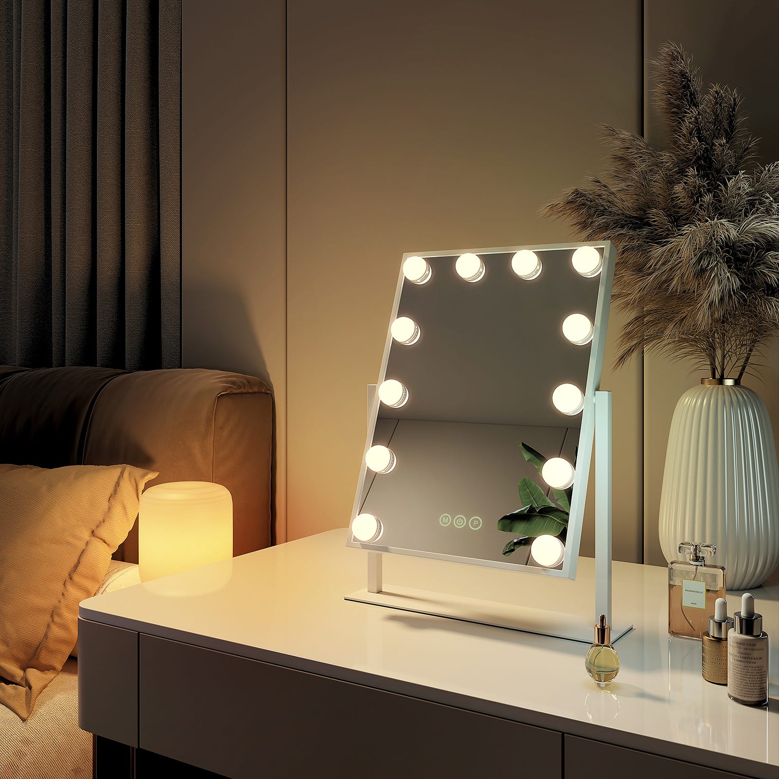EMKE Hollywood miroir de courtoisie avec lumière, 50x58cm rond blanc, miroir  de coiffeuse pivotant à 360°, avec 3 lumières dimmables