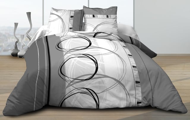 Parure Drap plat + drap-housse 160x200 + 2 T - Pur coton 57 fils - Roue Libre gris