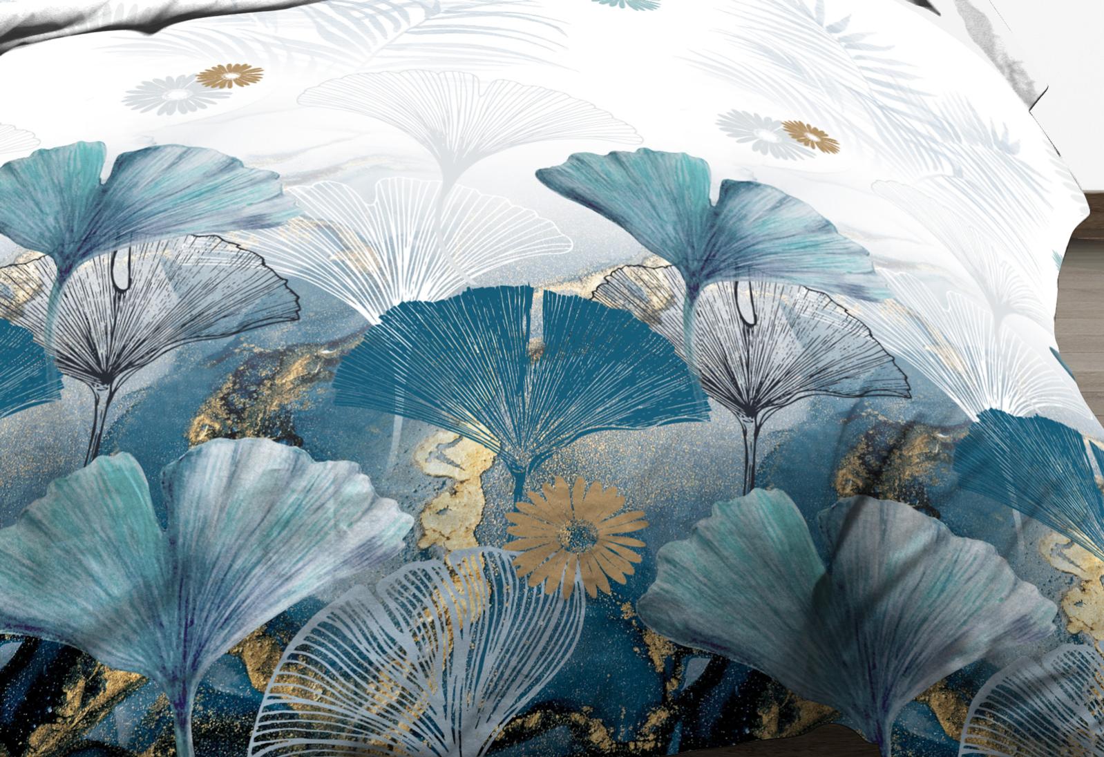 Parure Drap plat + drap-housse 160x200 + 2 T - Pur coton 57 fils - Ginko bleu - 2