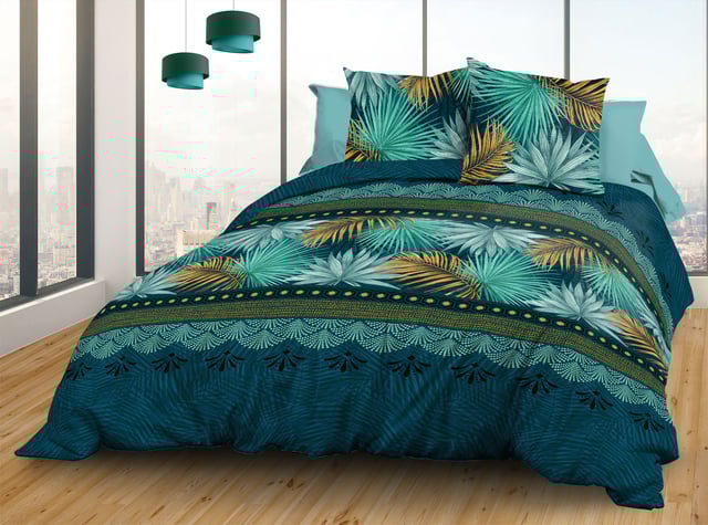 Parure Drap plat + drap-housse 160x200 + 2 T - Pur coton 57 fils - Paraiso