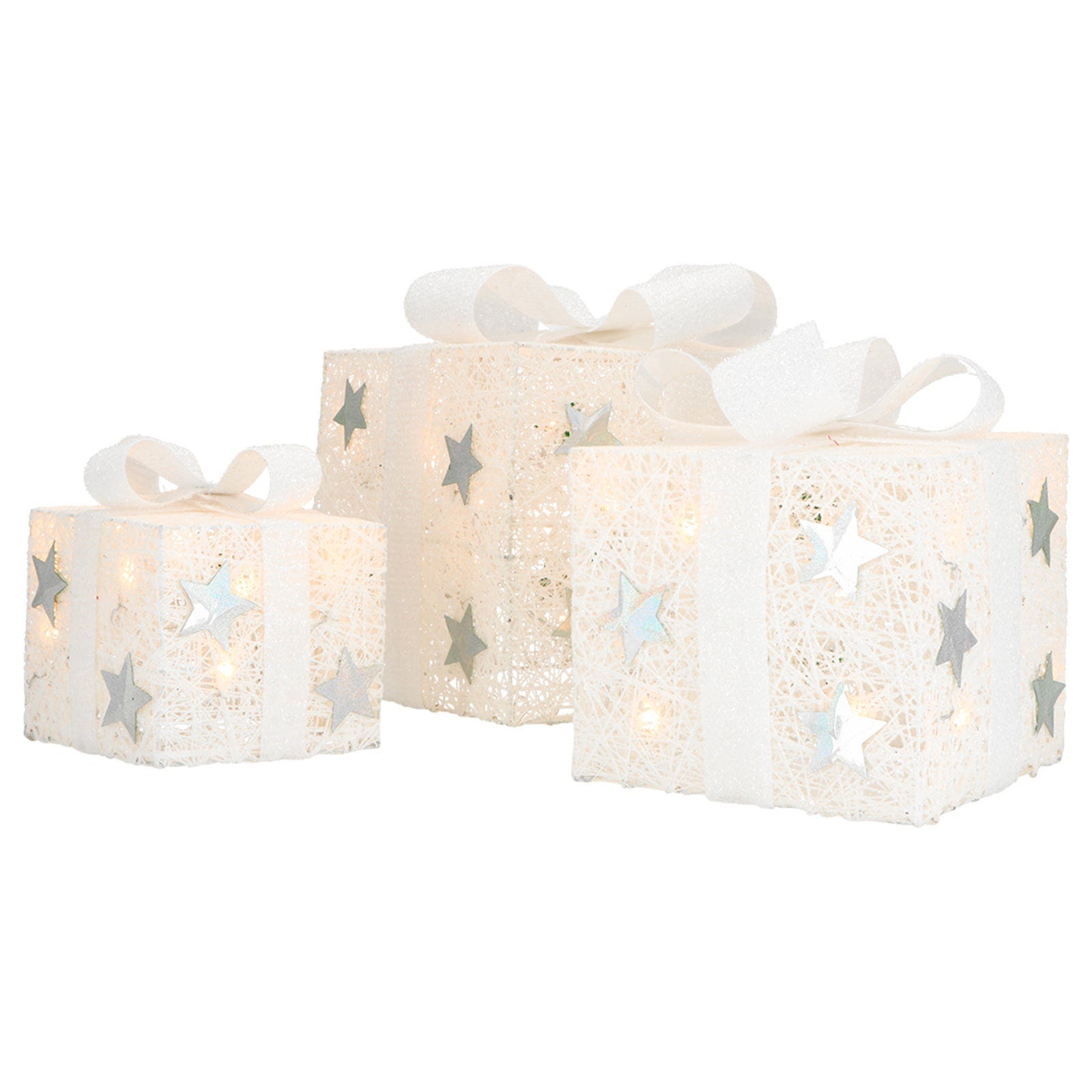 Pacchi regalo con led, nastri bianchi e stelle per decorazioni natalizie  set da 3 / Default Title