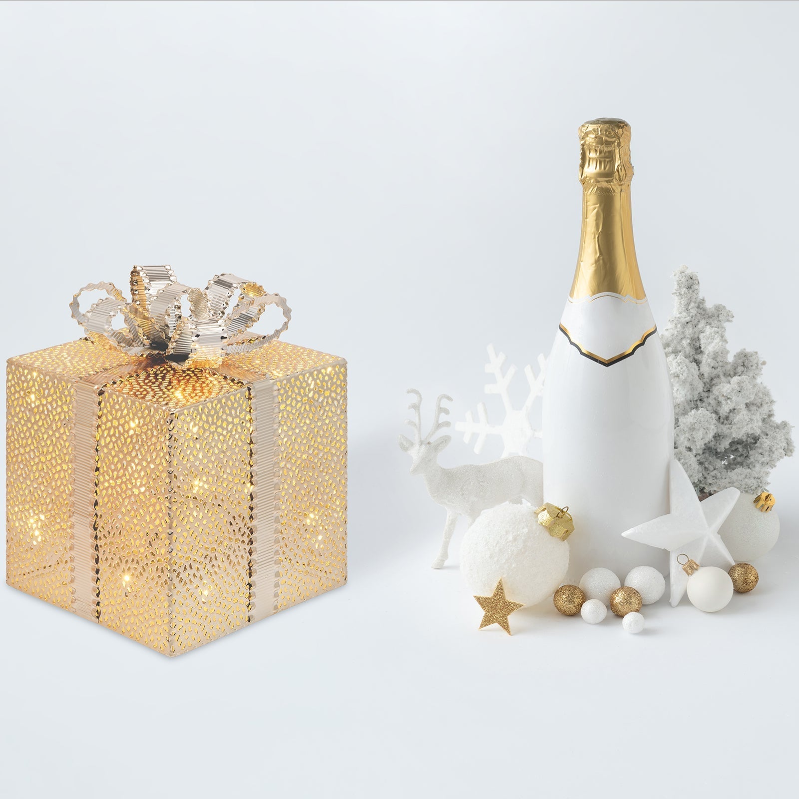Pacco regalo cubico scatola decorazione natalizia addobbo luminoso con led color  champagne / 21,5 cm