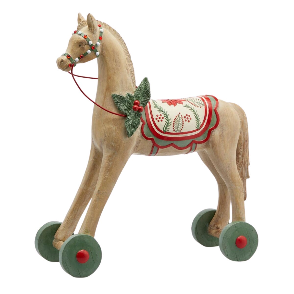 Cavallo con ruote, giocattolo in poliresina color nocciola / 50 x 20 x h 57  cm