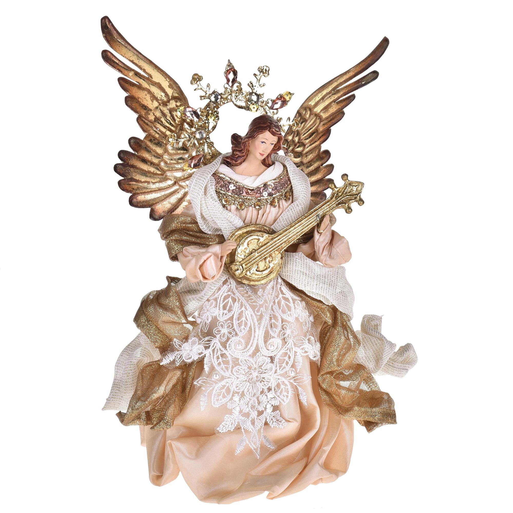 Ange Décoratif En Résine Et Tissu Goodwill 31 Cm - Ailes En Plumes Crème Et Or - Décoration De Noël Ou D'intérieur