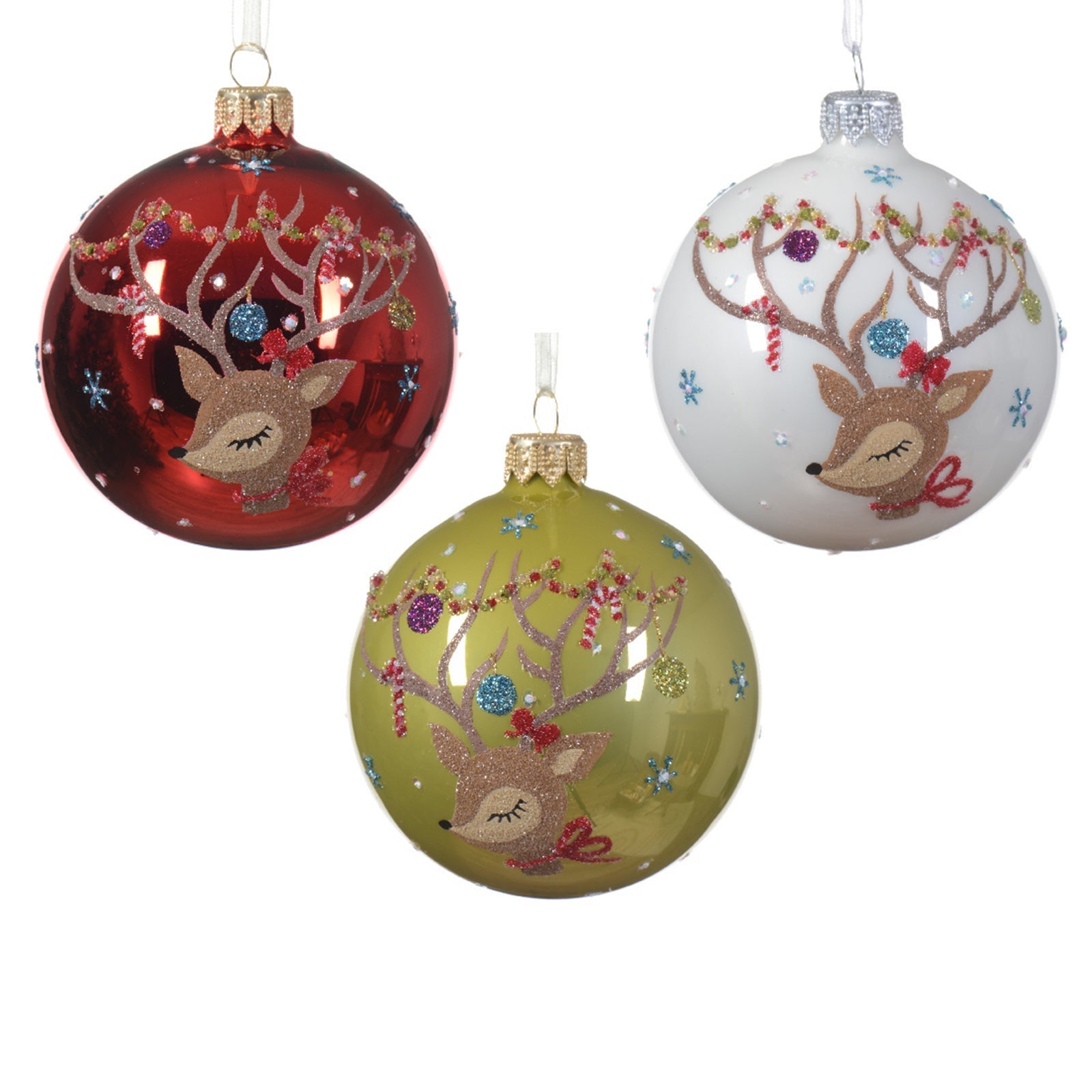 Boules de Noël en verre décorées de rennes Ø 8 cm, paquet de 12