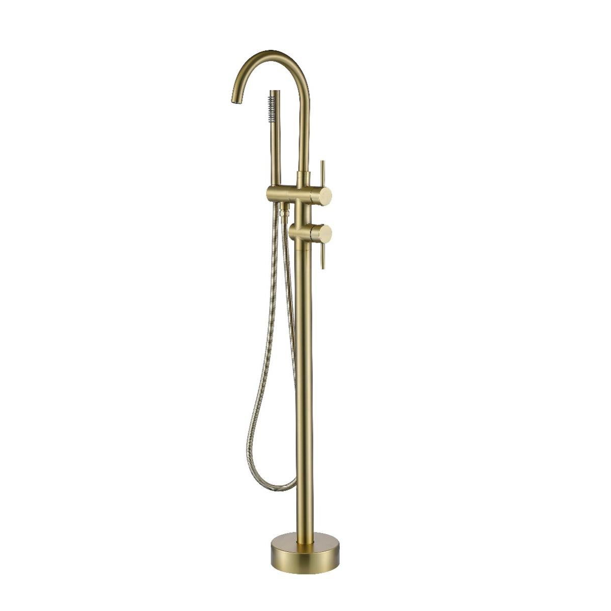 HEYMYTAP Rubinetto Bagno A Cascata In Oro Spazzolato - 3 Fori, 2 Maniglie, Ottone, Con Scarico Pop-Up. Distanza Fori Regolabile 10-40 Cm. Design Aerodinamico, Anticorrosione, Facile Installazione. - 2
