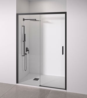 Mampara de ducha Negra frontal 1 fijo + 1 puerta corredera. Sin perfil –  Akuova