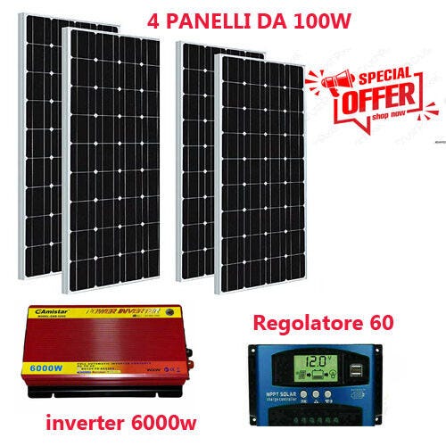 Kit Fotovoltaico /1/2/3 KW giornalieri Pwm Inverter 6000W 4Pannello Solare  400W regolatore 60 amp