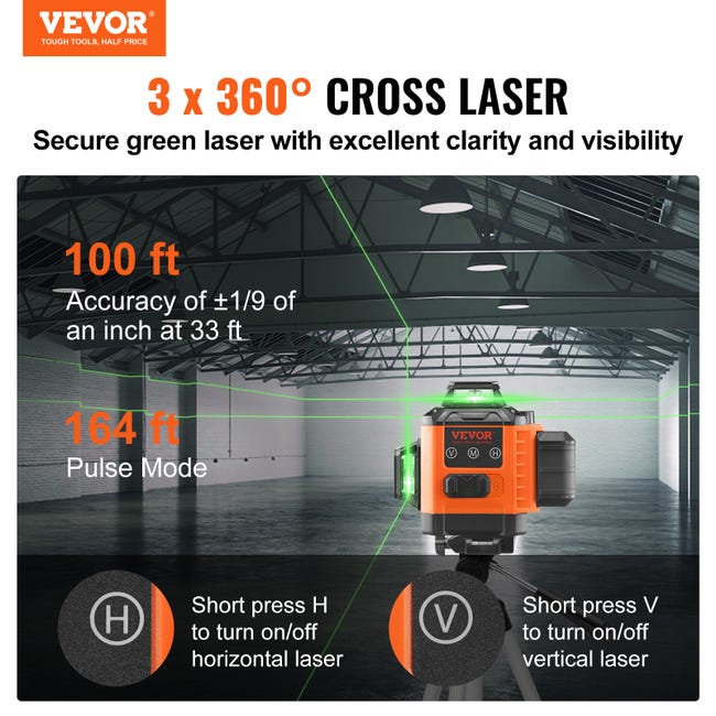 VEVOR Niveau Laser 30 m Niveau Laser 360° x 3 Ligne Croisée Verte