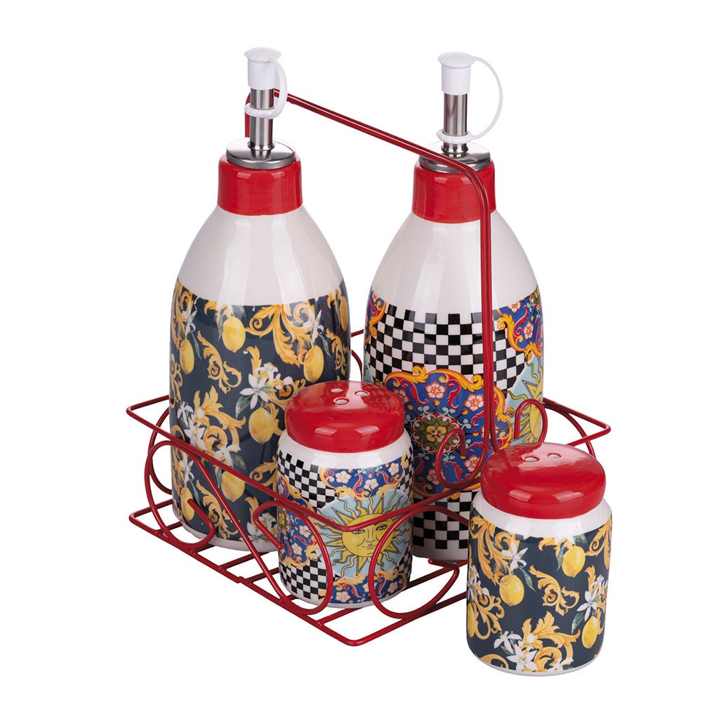 Oliera acetiera dosasale e dosapepe in ceramica con stand in metallo rosso  Italian Beauty