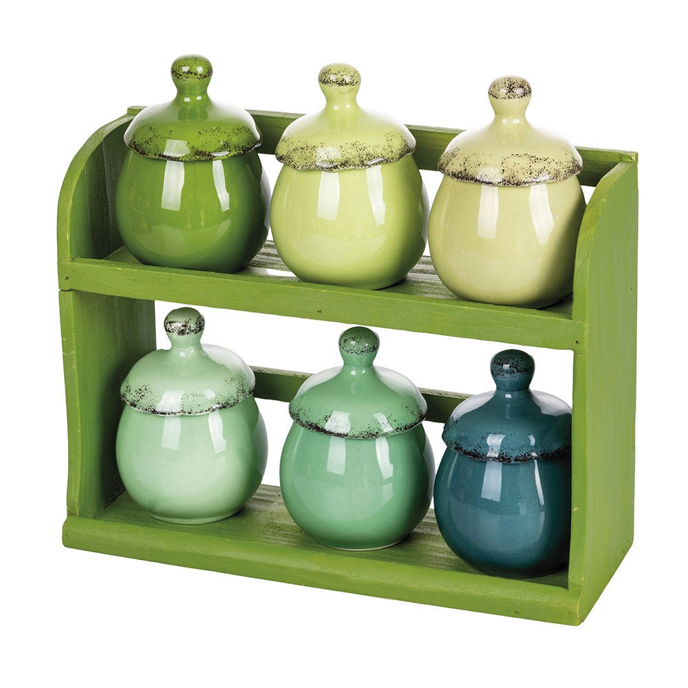 Barattolini porta spezie in ceramica con stand in legno set 6 pezzi Baita  Greenery