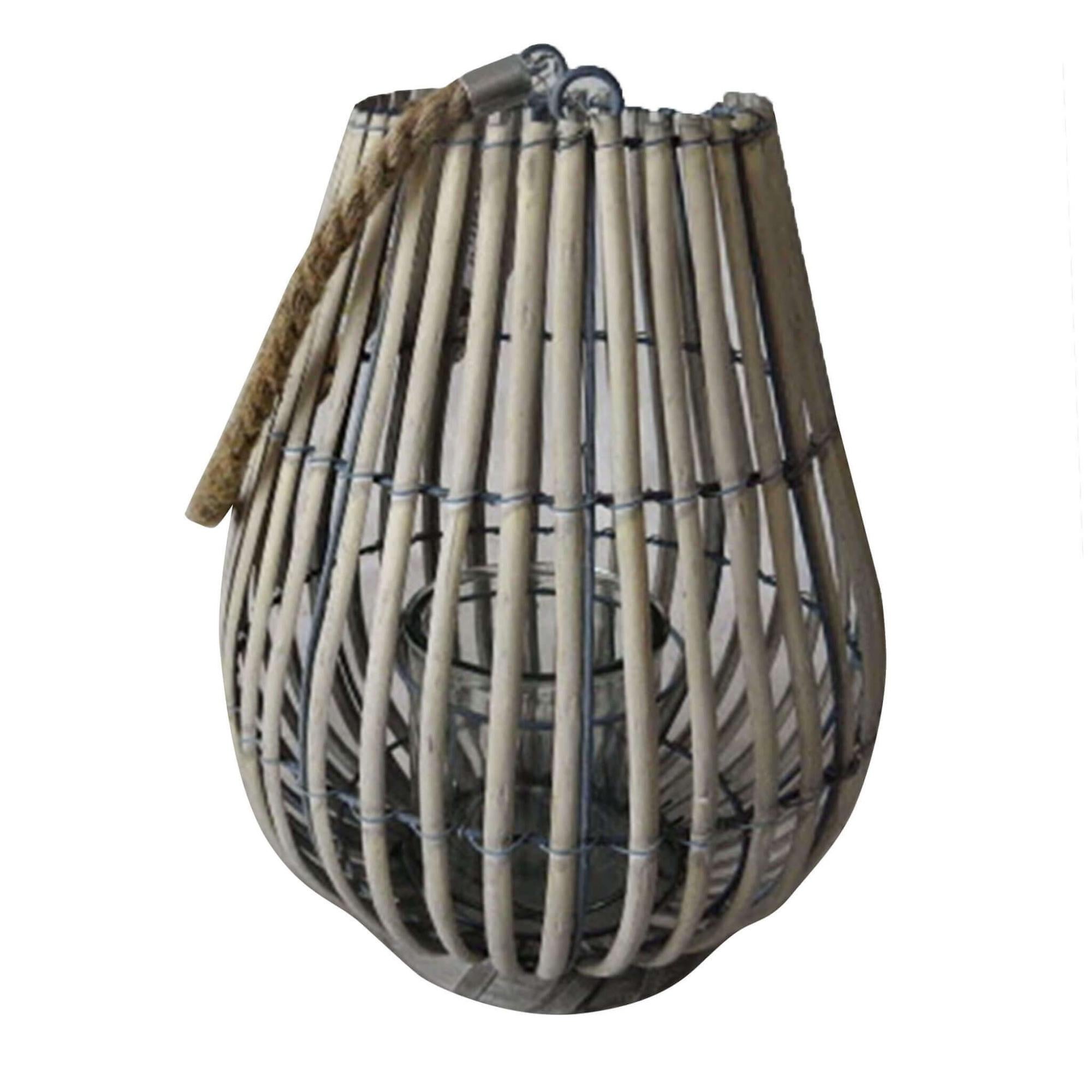 Lanterna In Vimini Floriane Bianca Con Vetro, Nastro Pizzo E Cuore - Altezza 76 Cm, Per Interni Ed Esterni