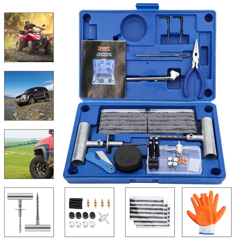 Kit Réparation Pneu 73Pcs, Kit de Réparation Pneu Bleu, pour Voitures,  Moto,Tracteur, Jeep,VTT, Camion, Gants