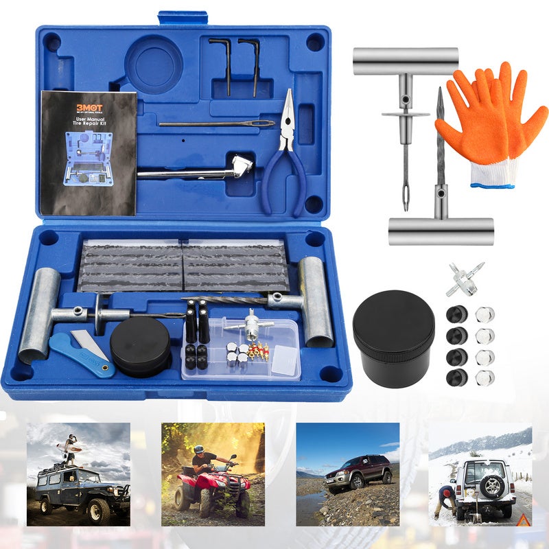 Mèche Pneu Crevaison73Pcs, Kit de Réparation Pneu Bleu, pour Voitures,  Moto,Tracteur, Jeep,VTT, Camion, Gants
