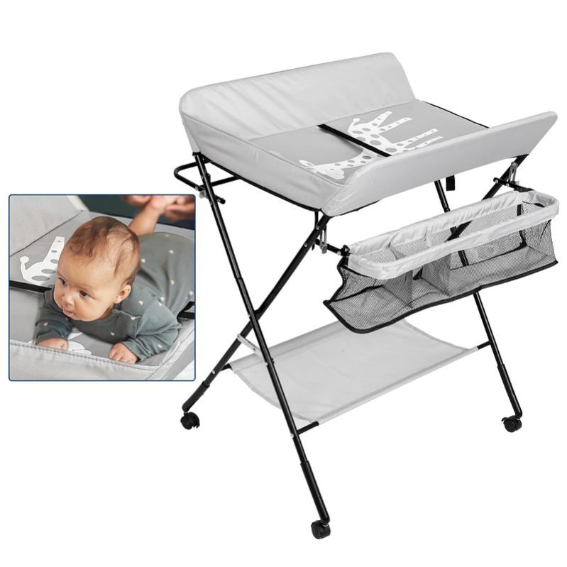 Table à Langer Pliable Portable - Hauteur Réglable, Roulettes, Harnais De Sécurité - Gris, Livraison France