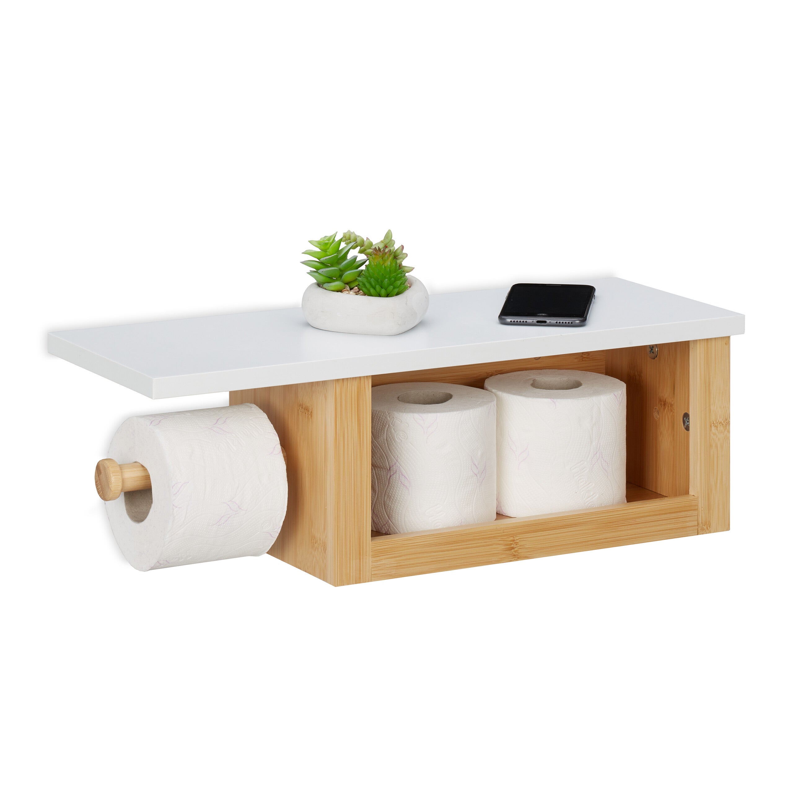 Relaxdays Support papier toilette en bambou, pour salle de bains & WC,  mural, autocollant, HxLxP: 4x14x9 cm, nature