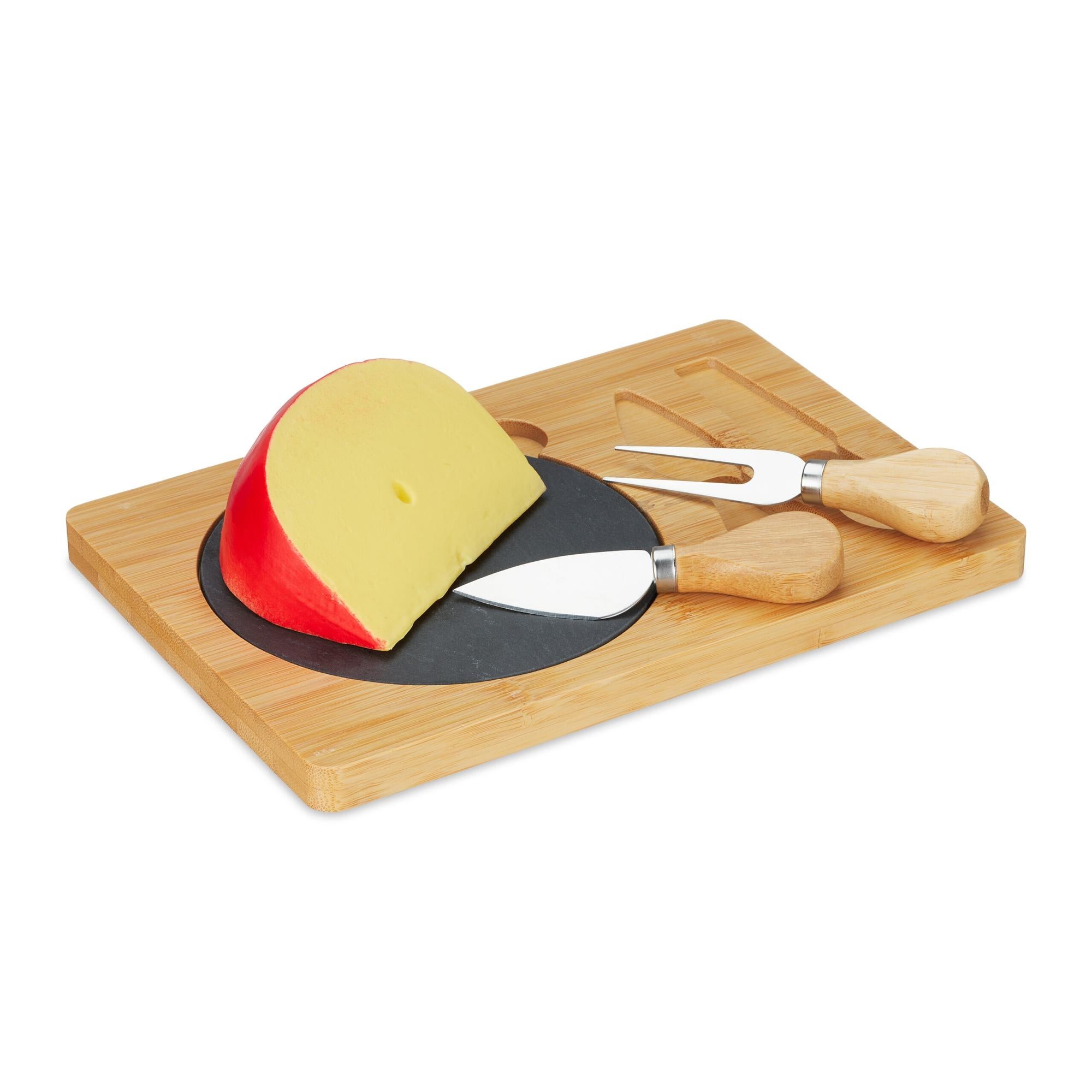 Plateau à Fromages Bambou Relaxdays - Tournant Avec 4 Couteaux Acier Inox | Pour Service Fromages Élégant