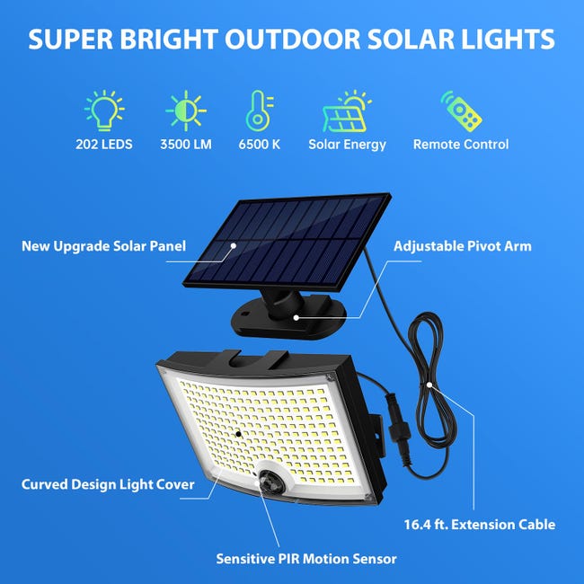 Lumières solaires extérieures, 202 projecteurs solaires à détecteur de mouvement  LED avec panneau solaire séparé étanche, 3 Modes, câble de 16,4 pieds