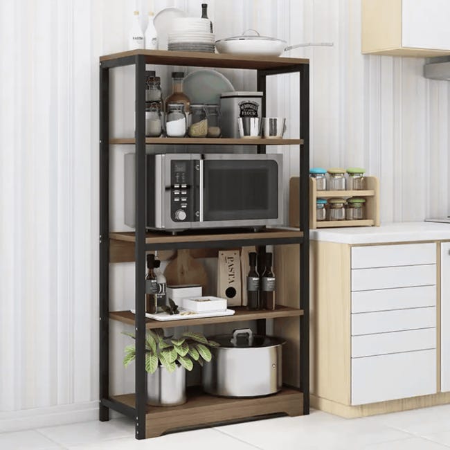Etagère de cuisine, meuble de cuisine haut avec étagères de rangement,  cadre métallique noir, étagère industrielle pour micro-ondes 60x30x126 cm  Bois