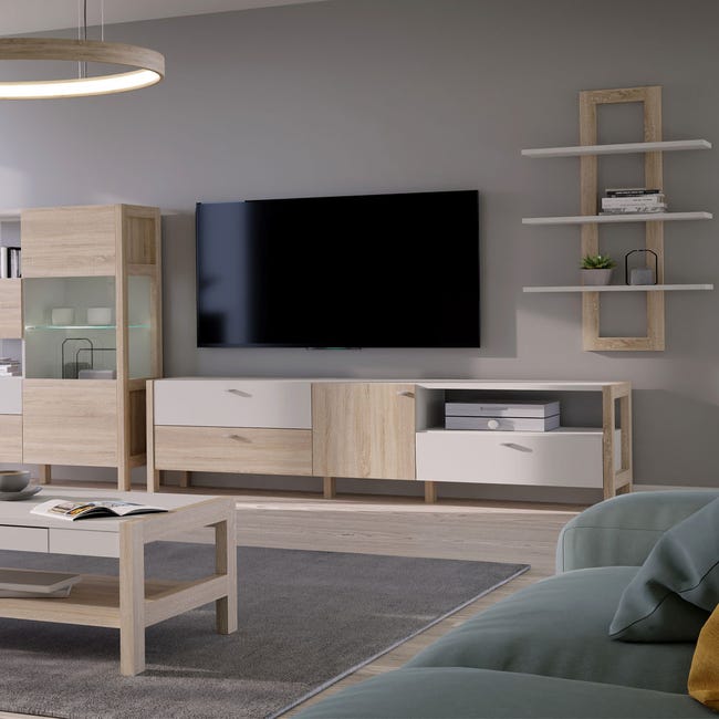 Mueble de salon TV estilo nordico en blanco brillo y roble