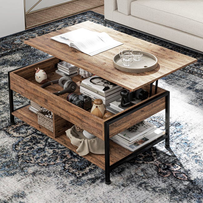 Table basse relevable - 2 étagères, coffre - aspect bois rustique