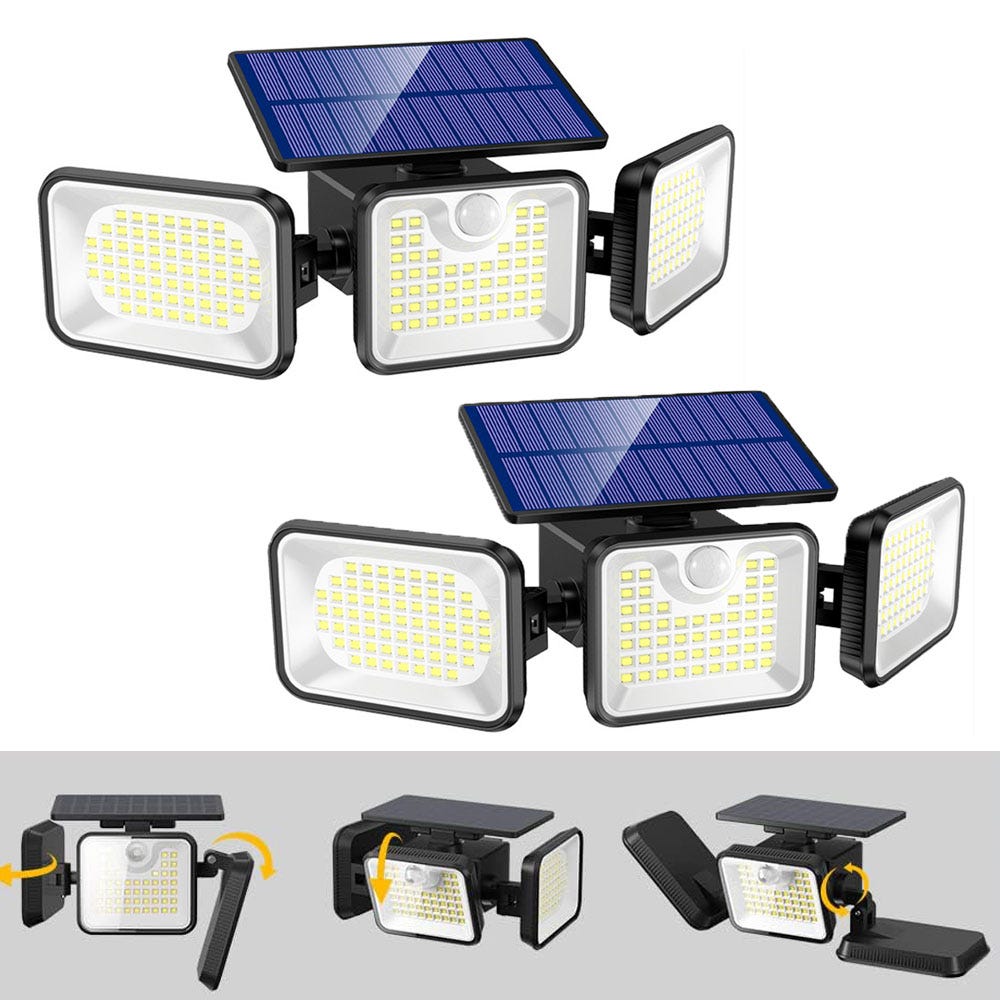2 Lampada con sensore a tre teste Luce solare per esterni, Luce solare a  180 LED, Proiettore a LED Lampada da parete per esterno impermeabile IP65