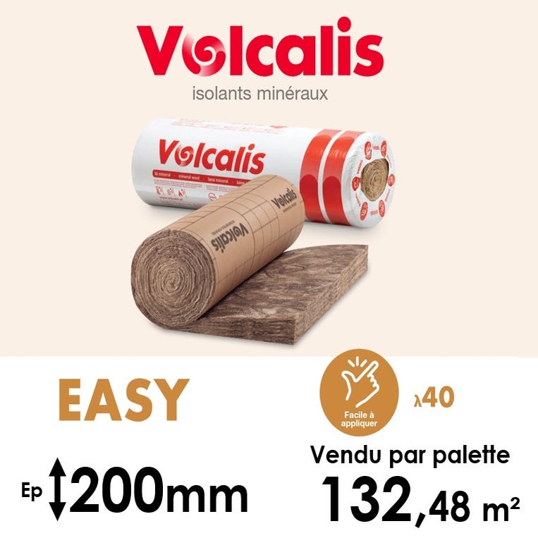 ROULEAUX LAINE DE VERRE VOLCALIS EASY 40 CRAFT - EPAISSEUR 200MM (R=5,00) -  PALETTE ENTIÈRE 132,48M²