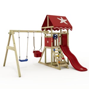 FATMOOSE Aire de jeux Portique bois RiverRun avec balançoire SurfSwing et  toboggan Maison enfant exterieur avec bac à sable, échelle d'escalade 