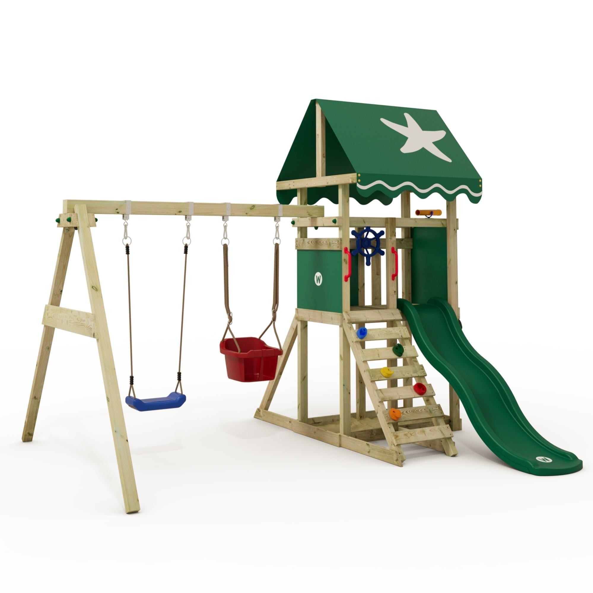 Wickey Aire de jeux Portique bois DinkyStar avec balançoire et toboggan