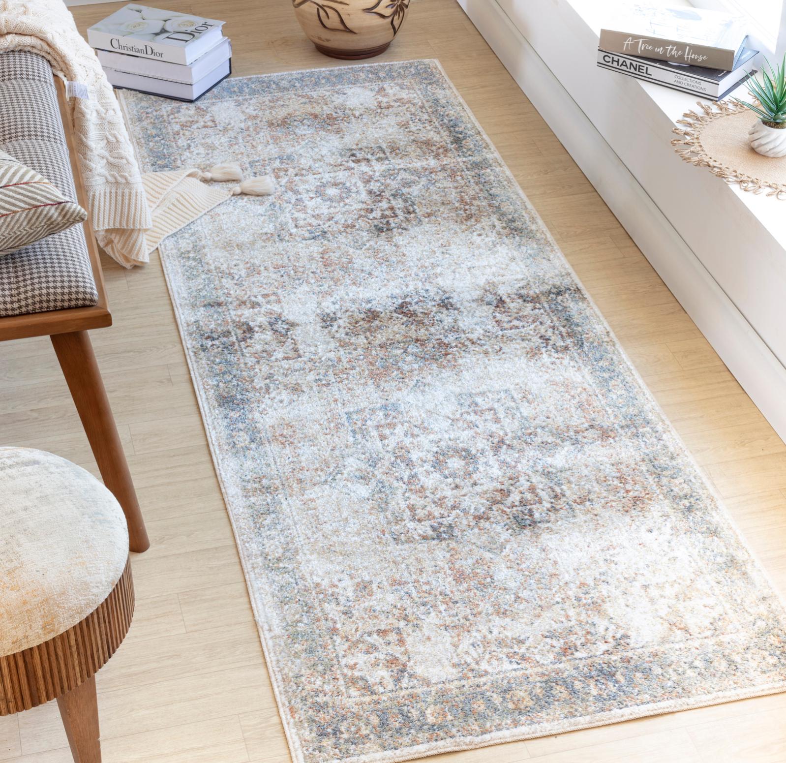 Tapis De Couloir Lavable RUUGME 2x6 Pieds - Beige Style Vintage à Médaillon - Polyester