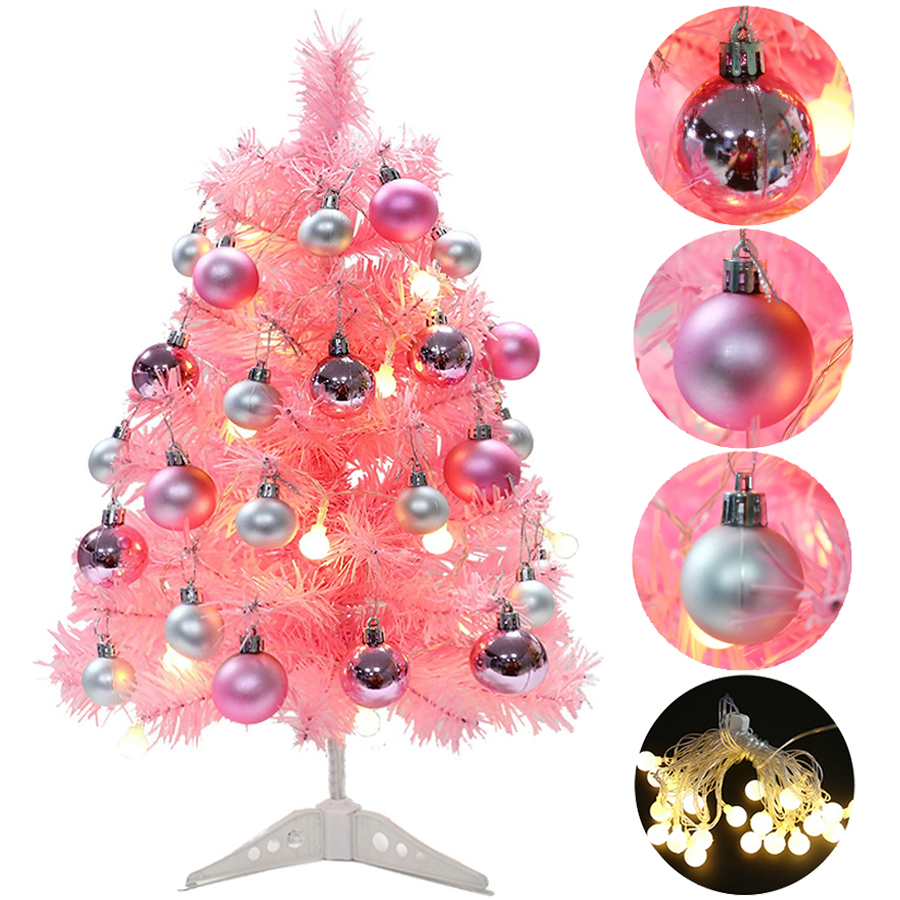 Árvore de Natal rosa de 60 cm, mini árvore de Natal artificial com luz LED  e bolas de Natal, conjunto de decoração de árvore de Natal