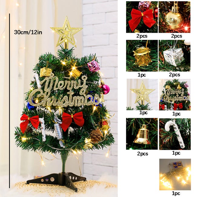 Arbre de Noël de table de 30 cm, mini arbres de Noël artificiels avec  lumière, cime et ornements d'arbre de Noël, décorations de Noël