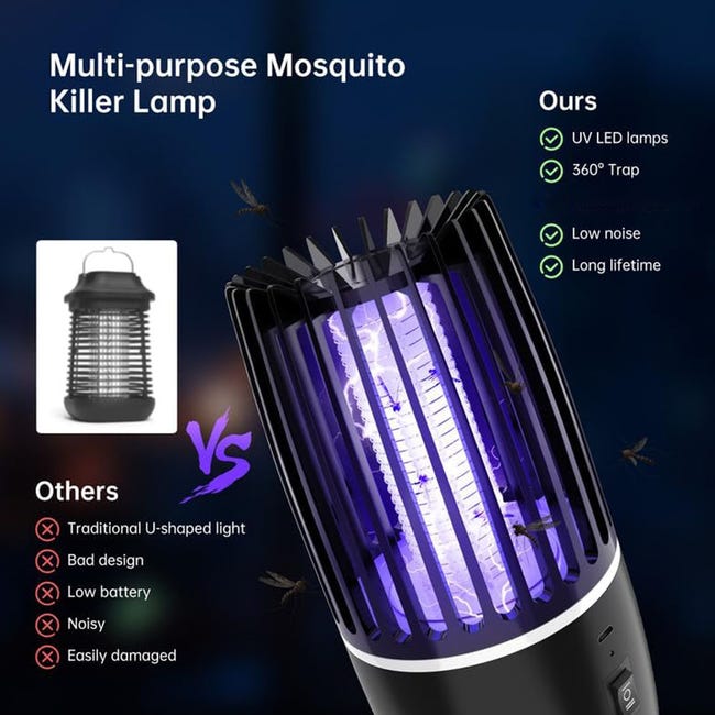 Lampada antizanzare, repellente elettrico per zanzare 2 in 1, lampada  antizanzare ricaricabile antizanzare elettrica UV a 360°