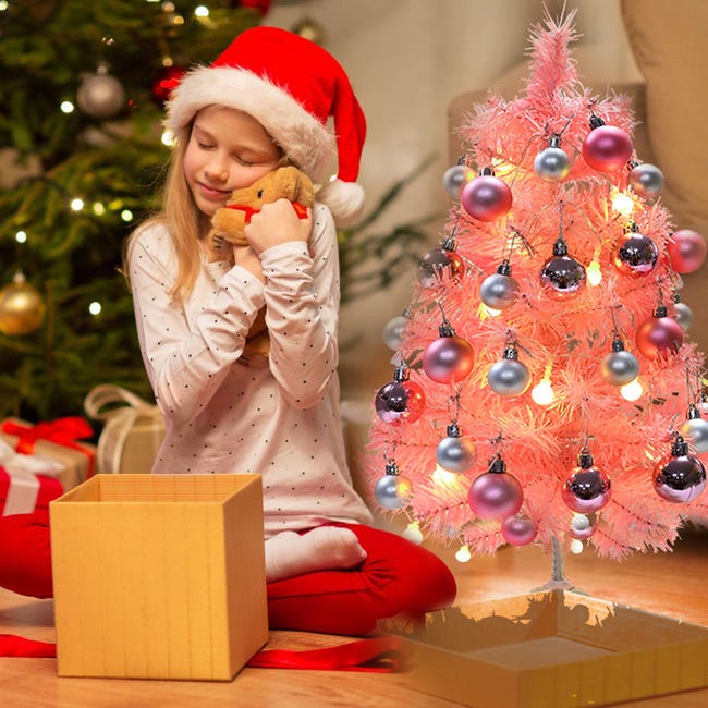 HANTURE Mini árvore de Natal rosa de 44 cm com bolas de glitter de luz LED  alimentadas por bateria para decoração de casa, cozinha, jantar, Natal