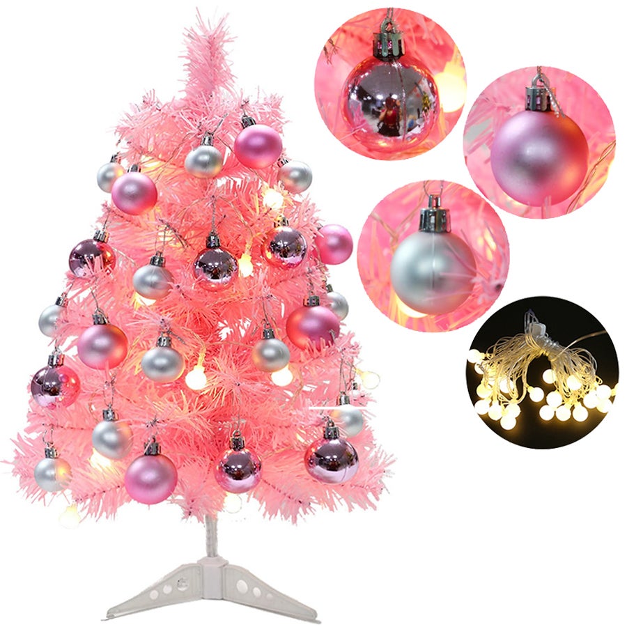 Sapin de Noël rose de 30 cm, mini sapin de Noël artificiel avec lumière LED  et boules de Noël, joli ensemble de décoration d'arbre de Noël
