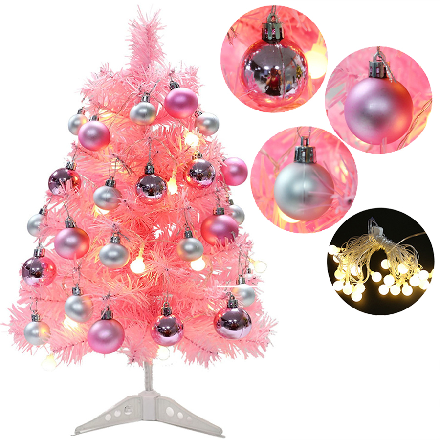 HANTURE Mini árvore de Natal rosa de 44 cm com bolas de glitter de luz LED  alimentadas por bateria para decoração de casa, cozinha, jantar, Natal