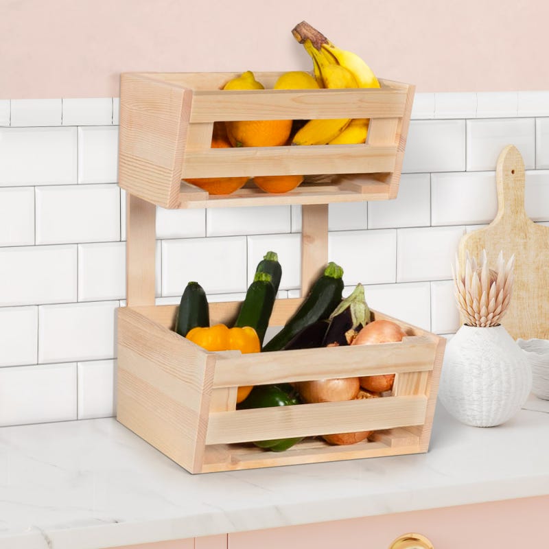Range fruits et légumes en bois rangement 2 niveaux à poser ou suspendre