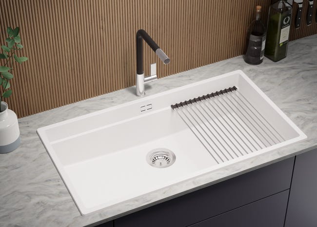 Lavello multifunzione in granito bianco, 86 x 47 cm, lavello a 1 vasca +  kit di scarico + accessori, lavello da incasso di Primagran